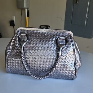 Silver Leather Woven Handbag